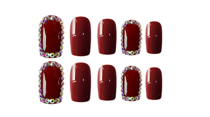 Glossy Red Nails with Rhinestones