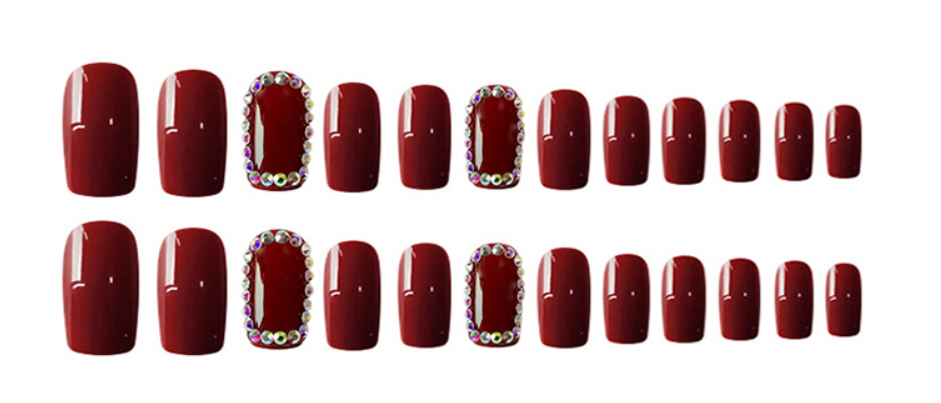 Glossy Red Nails with Rhinestones