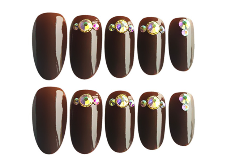 Glossy Brown Nails witj Rhinestones