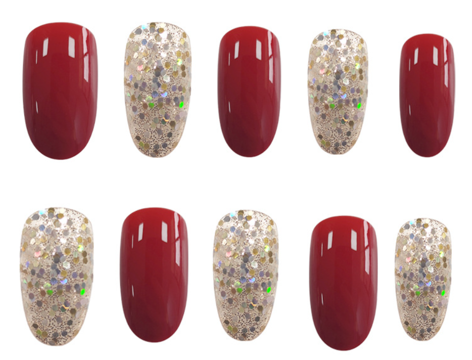 Red Glossy Nails with Gold Shimmer Accent Nails