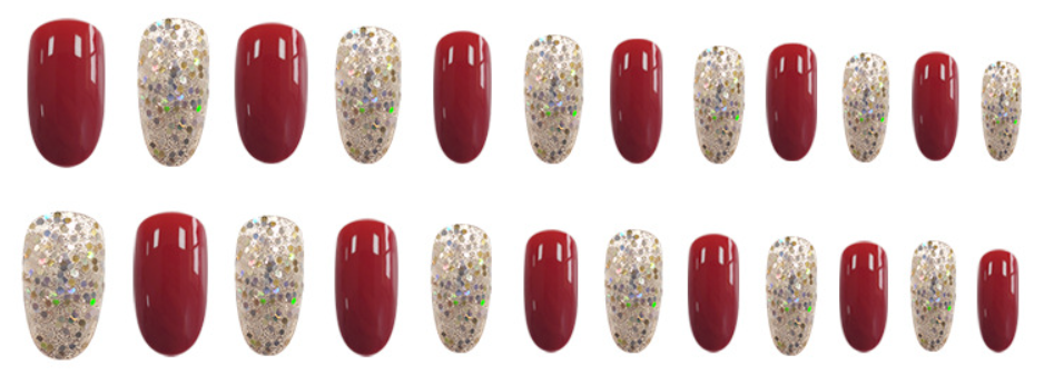 Red Glossy Nails with Gold Shimmer Accent Nails