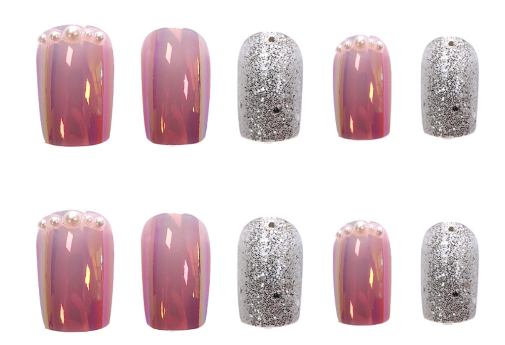 Pink Chrome nails with Silver Accents, mini pearls and Rhinestones