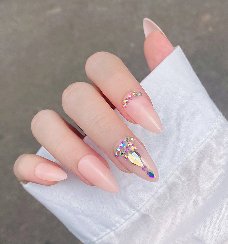 Pinkish Nude Glossy Nails with Rhinetones