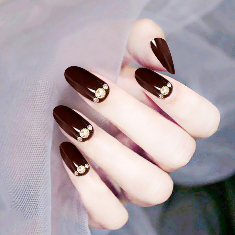 Glossy Brown Nails witj Rhinestones
