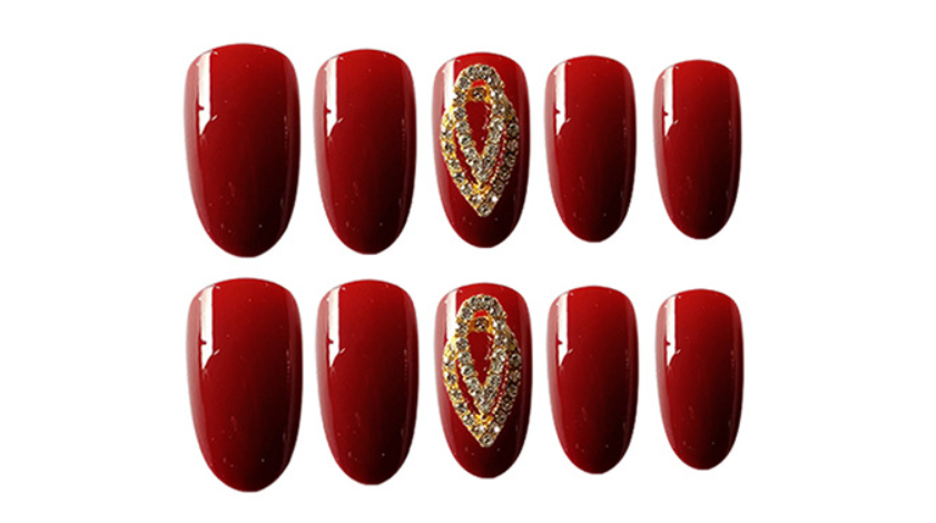 Cherry Red Super Glossy Nails with Golden Rhinetones