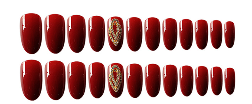 Cherry Red Super Glossy Nails with Golden Rhinetones